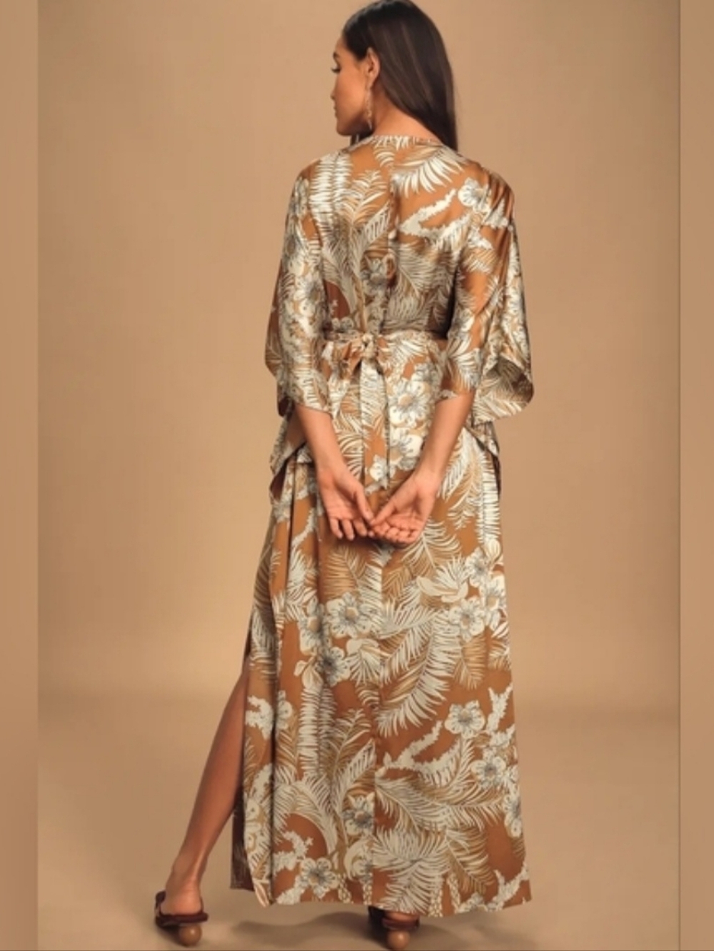 Lulus Take A Holiday Tan Tropical Print Maxi Dress - Small - Picture 3 of 9